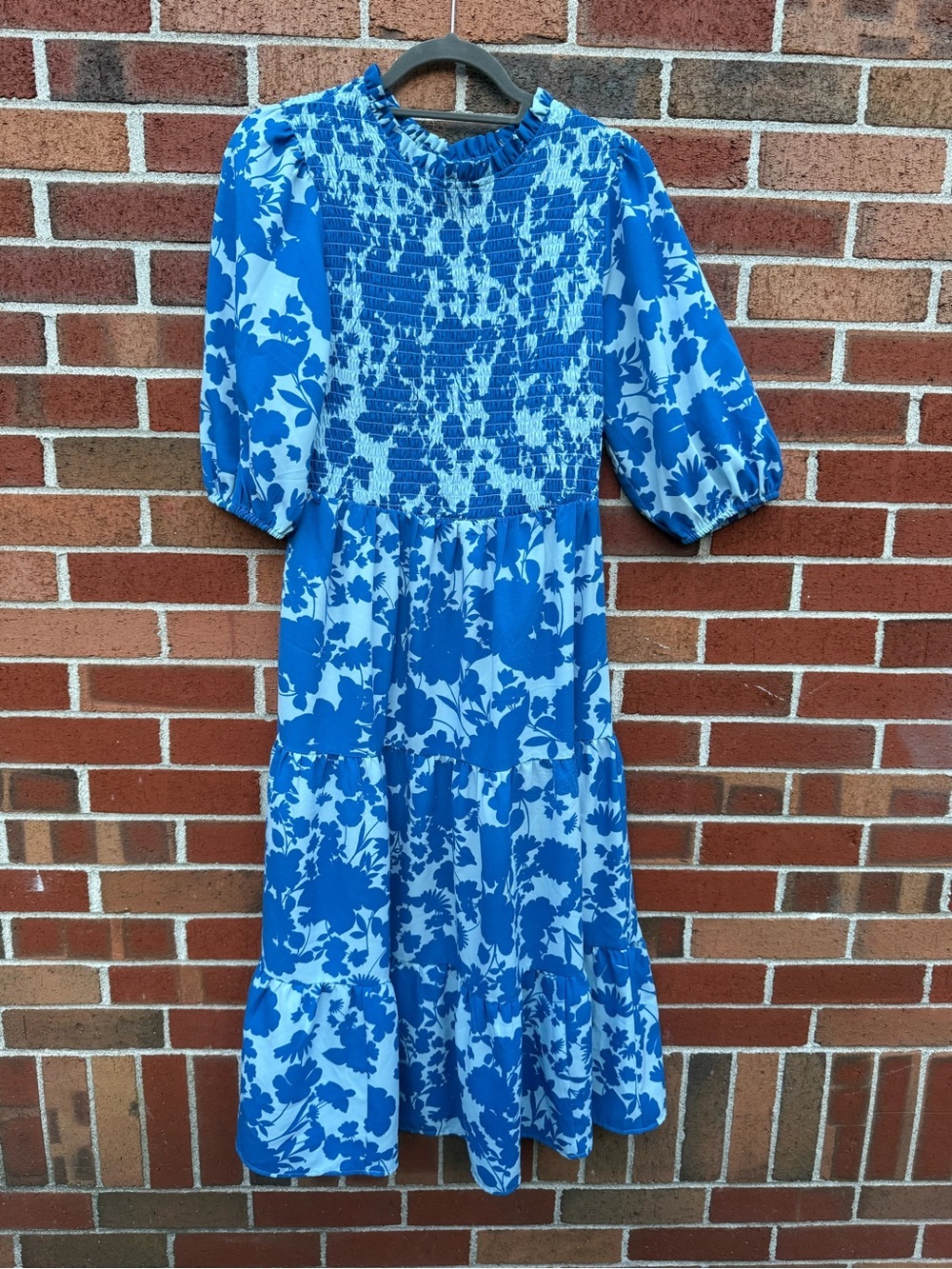 Sugar Lips Blue Floral Smocked Midi Dress Size Large Puff Sleeve Cottagecore